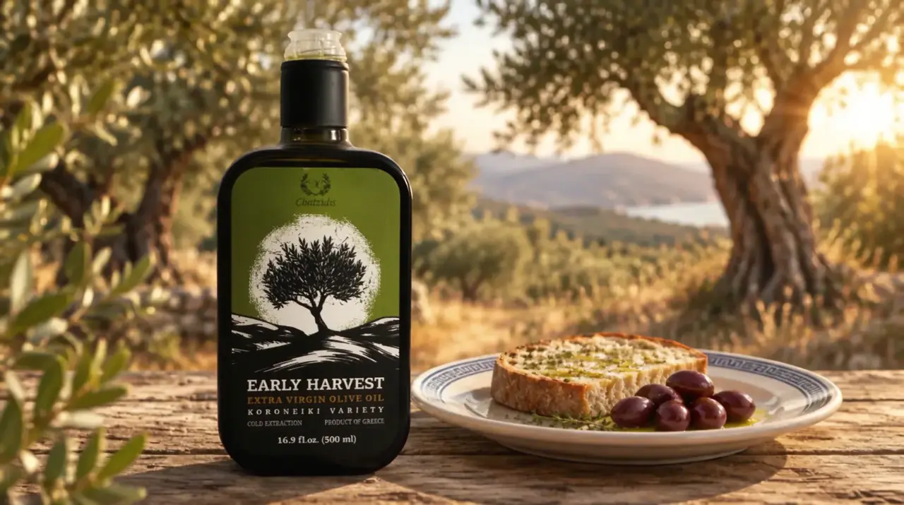 Chatzidis Early Harvest olive oil beside bread in a sunlit olive grove