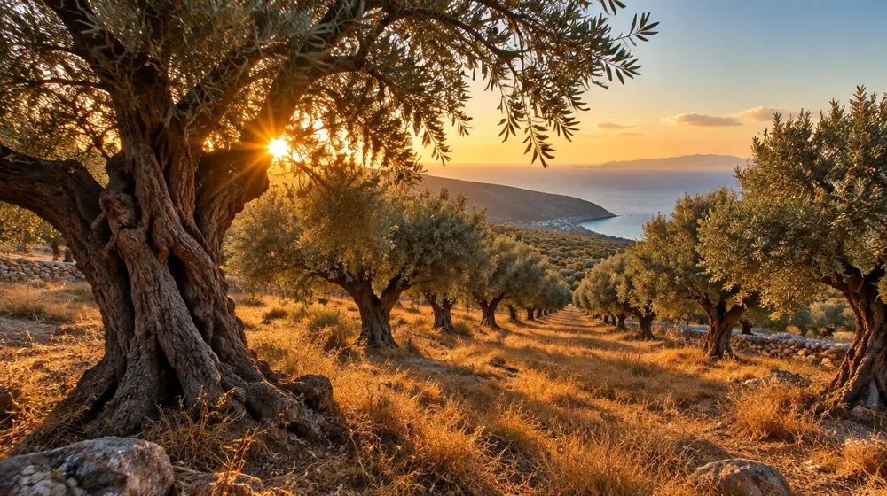 Ancient Greek olive grove at golden hour