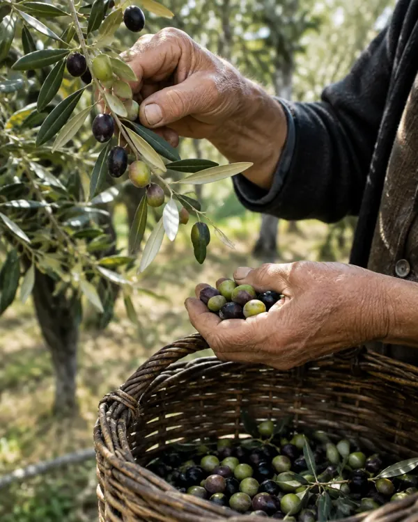 Hands harvesting olives into a woven basket