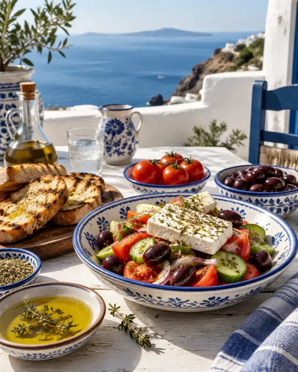 Greek table with salad, bread and olive oil overlooking the sea