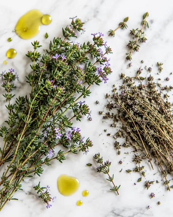 Sprigs of wild Greek thyme on marble