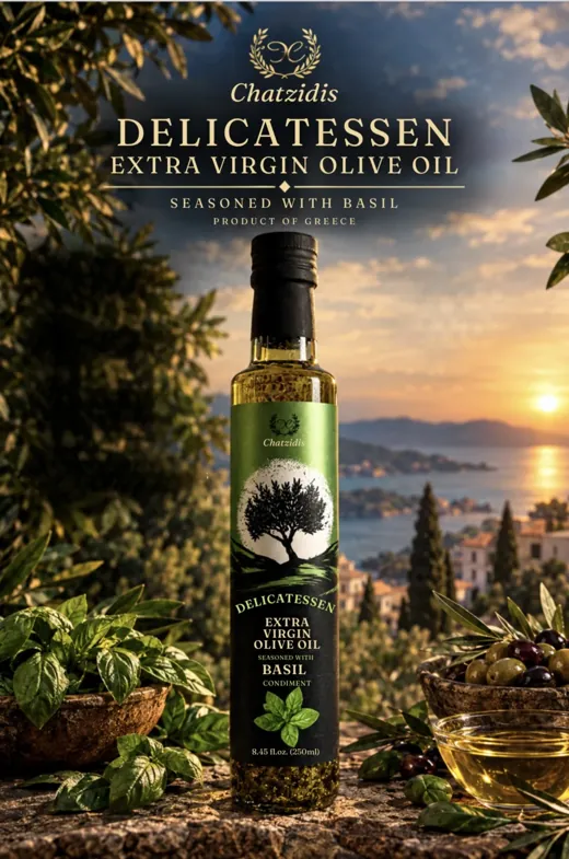 Chatzidis Delicatessen olive oil seasoned with basil, 250 ml